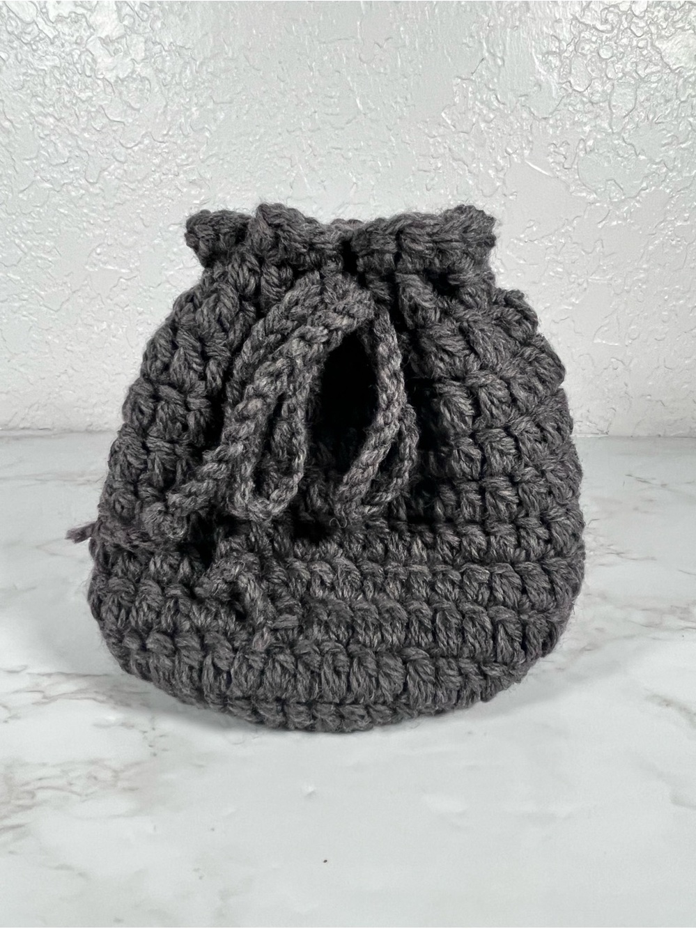 Gray Crochet Drawstring Bag
